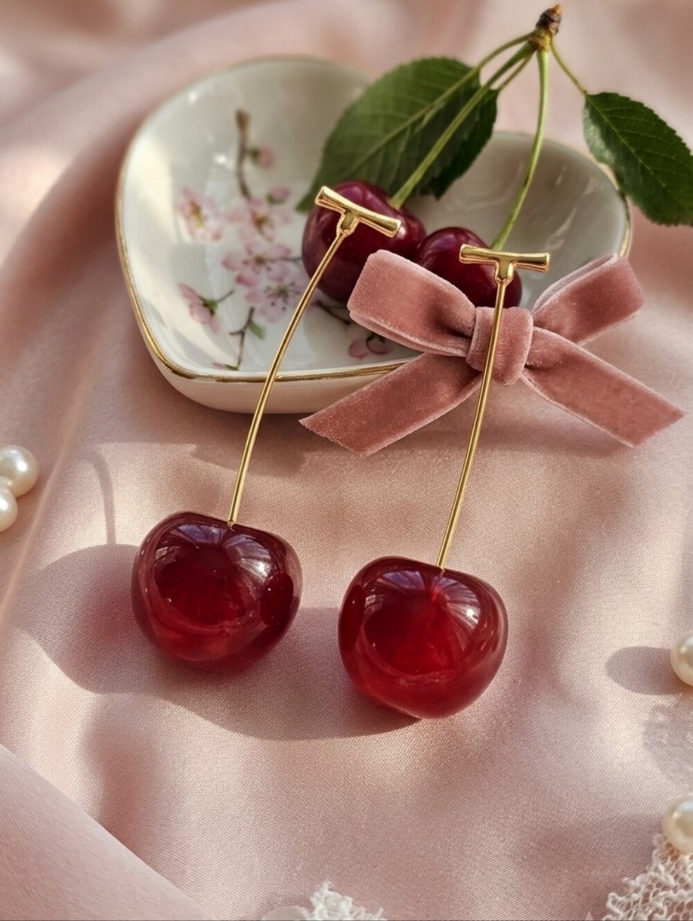 Cherry Drop Earrings Deep Red Resin Gold Stem Coquette Dangle Fruit 1.9"